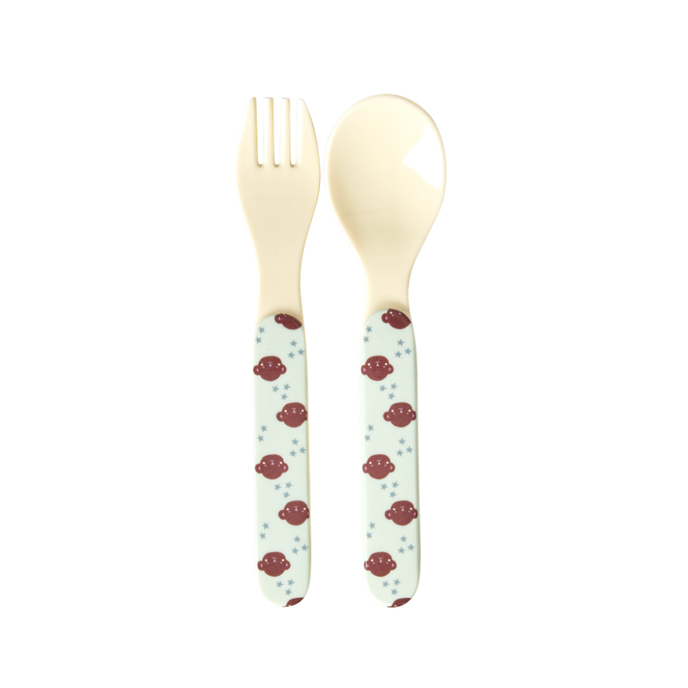 Kids Melamine Spoon & Fork Set Cream Monkey Print by Rice DK